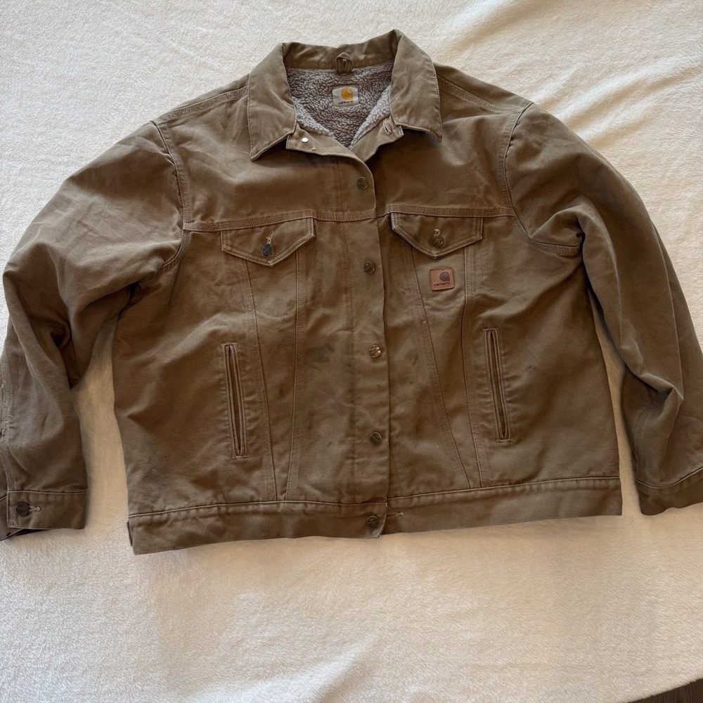 Carhartt Jacket Men XXL Sandstone Canvas Sherpa Lined Trucker Workwear‎ J233 FRB